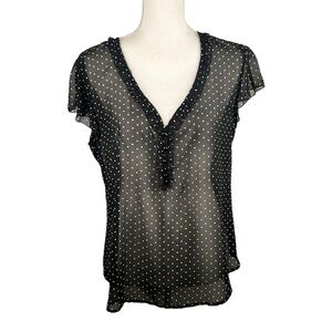 Lily Rose Black & White Polka Dot Sheer V-Neck Short Sleeve Top Size Large